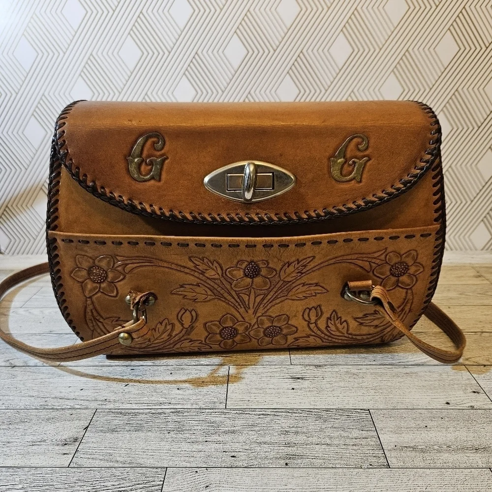 COPY - Vintage Hand Tooled Leather Hard Sided Satchel Bag